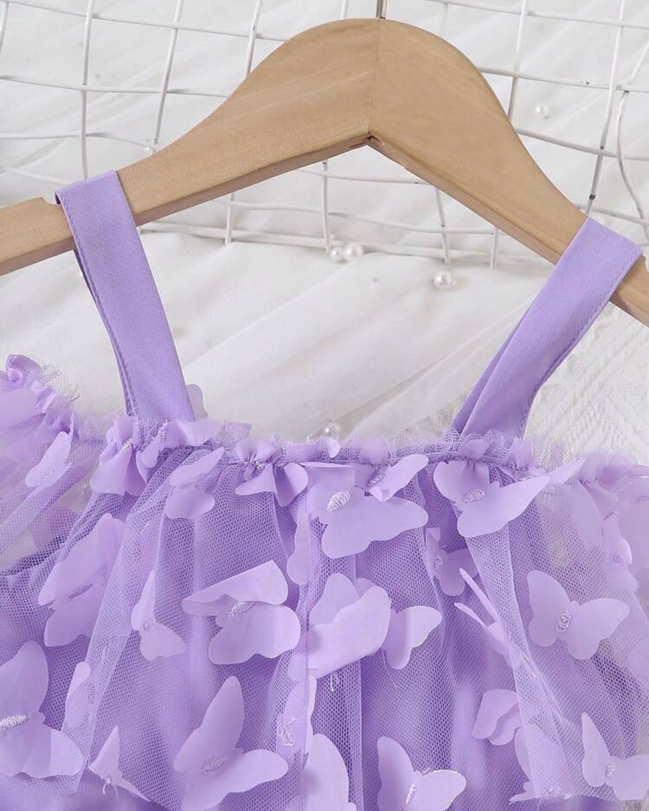 Girls’ Off-Shoulder Purple Butterfly Applique Mesh Dress