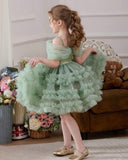 Girls Mint Green Sequin Princess Dress – Off-Shoulder Beaded Mesh Party Dress