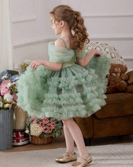 Girls Mint Green Sequin Princess Dress – Off-Shoulder Beaded Mesh Party Dress
