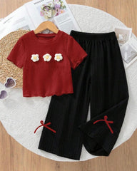 Girls Red and Black 3D Floral Textured T-Shirt & Pants Set – 2pcs Casual Outfit