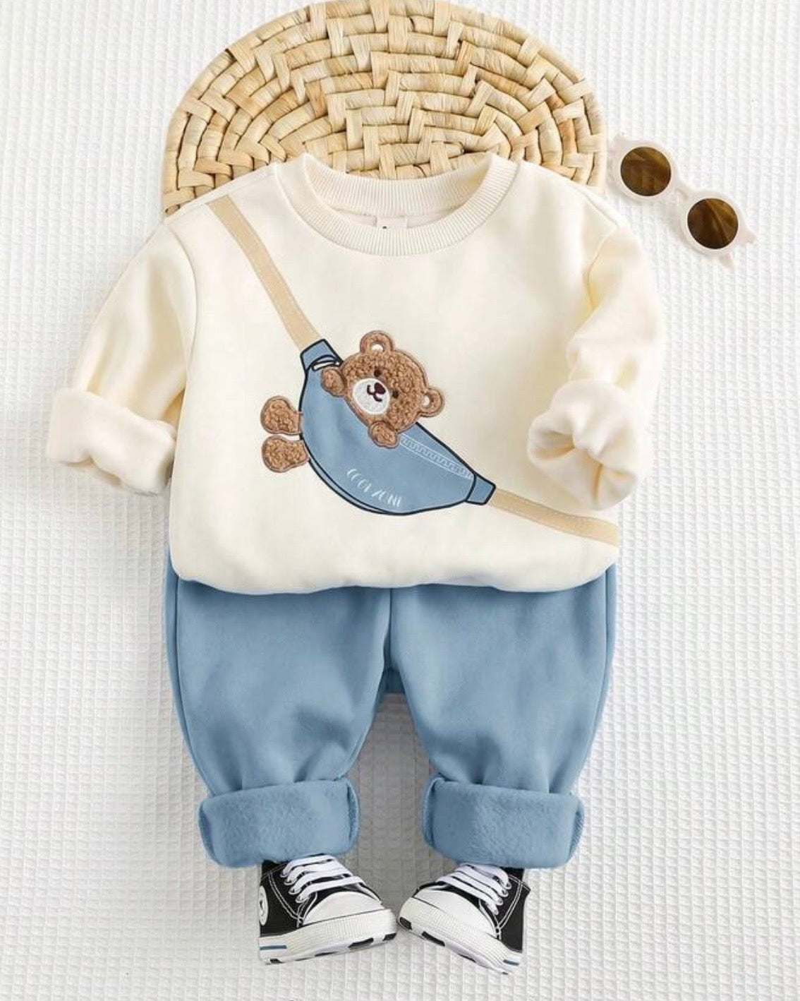 2pcs Baby Boy Bear Round Neck Hoodie And Dusty Blue Pants Set