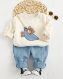 2pcs Baby Boy Bear Round Neck Hoodie And Dusty Blue Pants Set