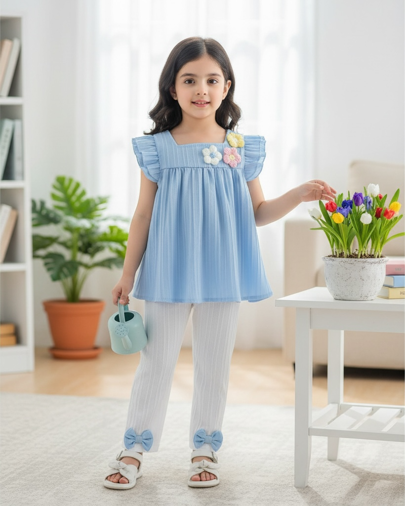 Girls Blue 3D Floral Top & Casual Pants Set