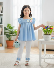 Girls Blue 3D Floral Top & Casual Pants Set