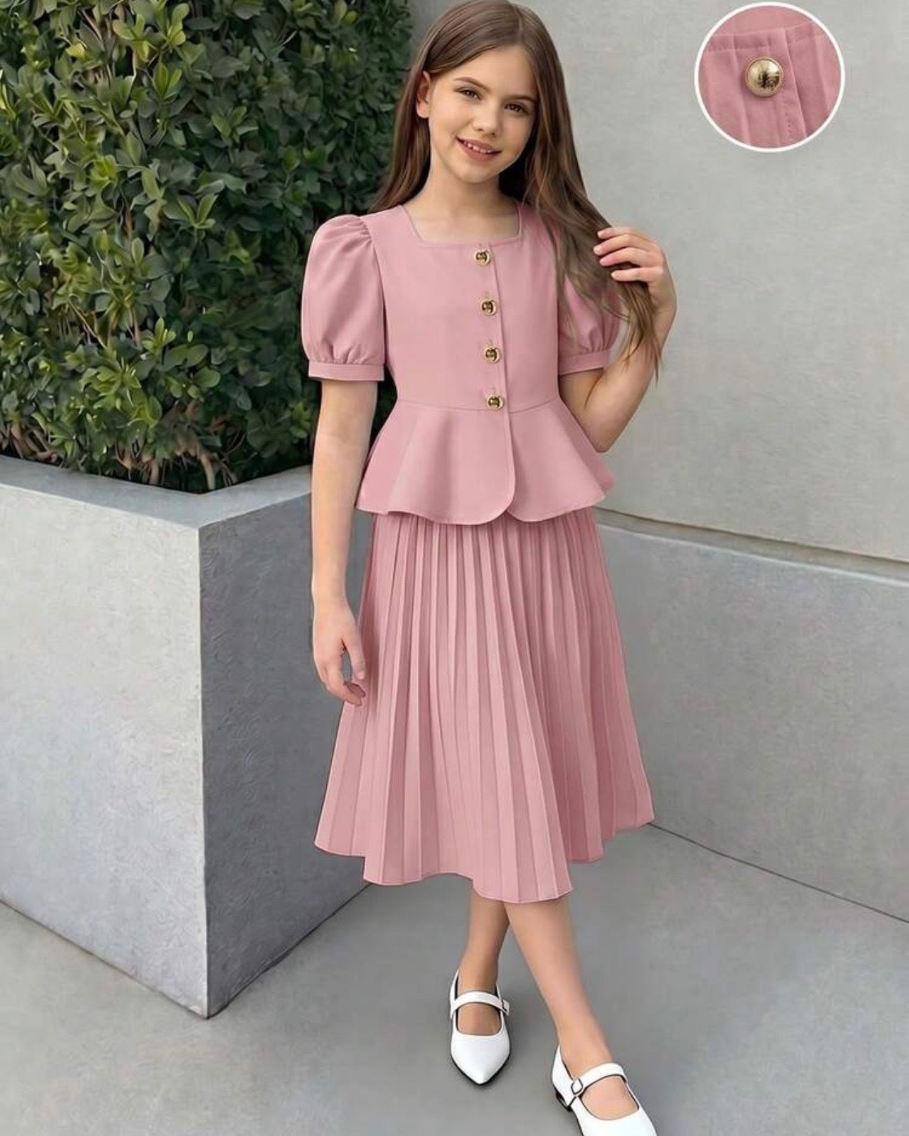 Girls’ 2pc Pink Square Collar Puff Sleeve Top & Pleated Skirt Set