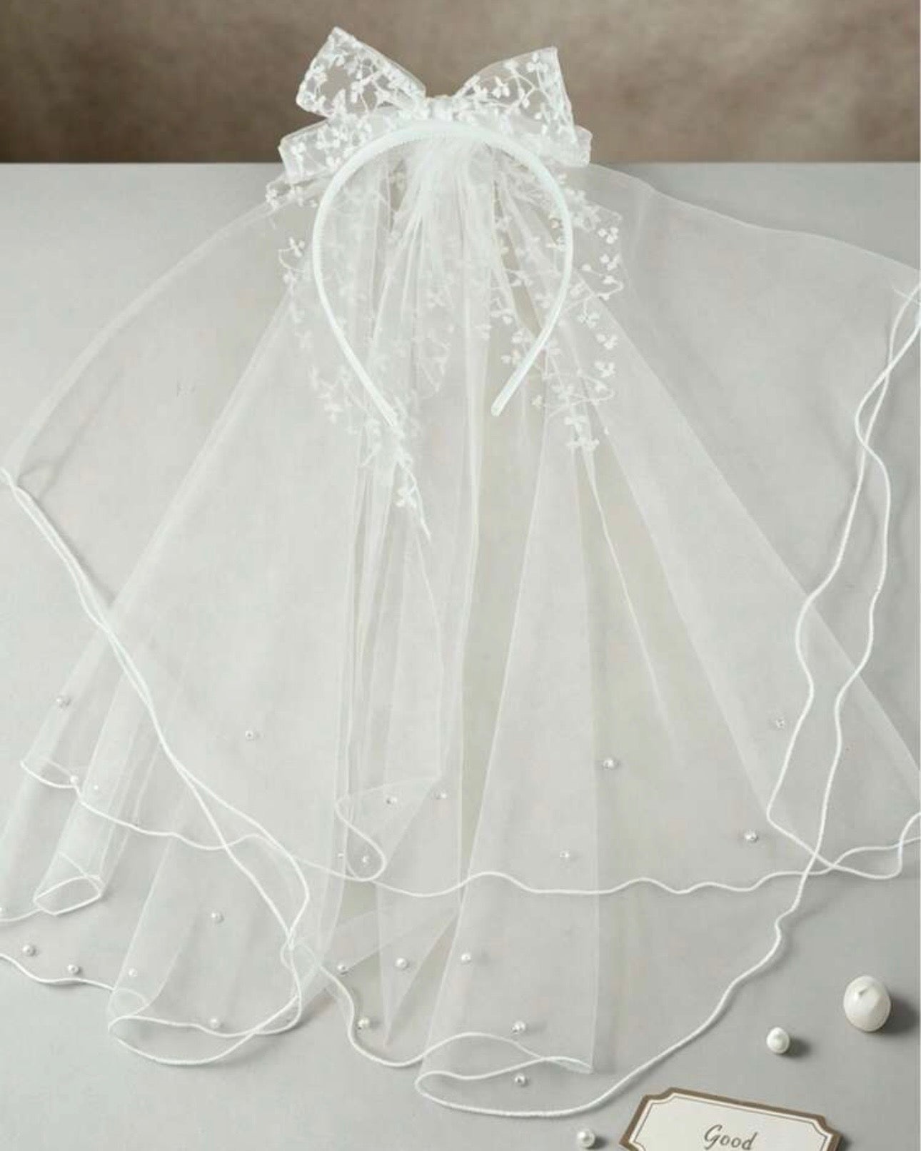 White Veil Pearl Bow Headband for Girls - Type 2