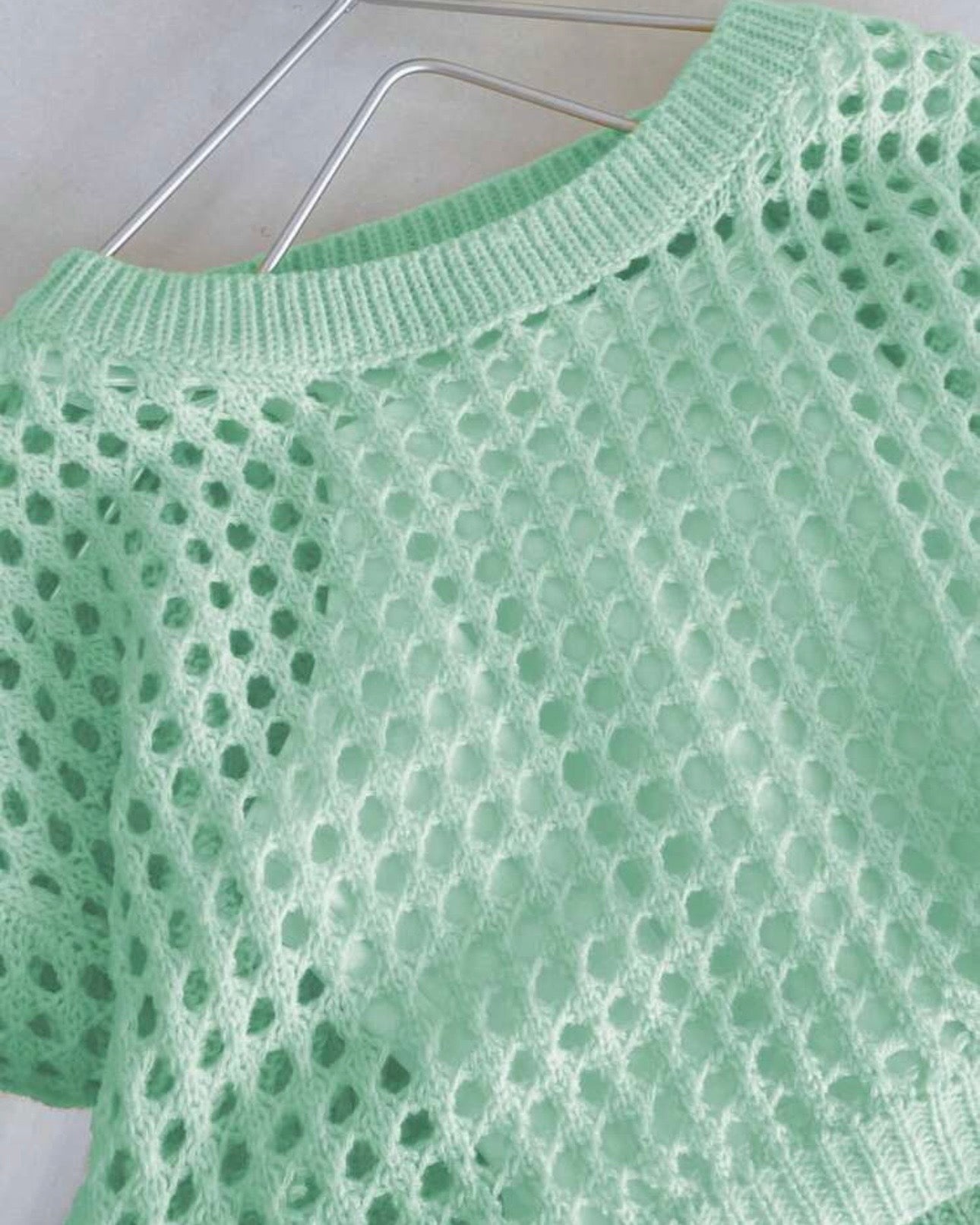 Tween Girls Mint Green Crew Neck Long Sleeve Hollow Knitwear