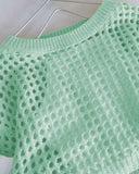 Tween Girls Mint Green Crew Neck Long Sleeve Hollow Knitwear