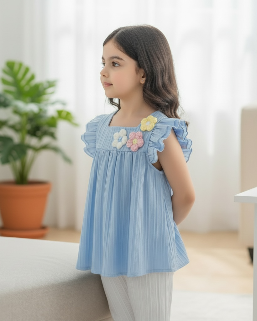 Girls Blue 3D Floral Top & Casual Pants Set