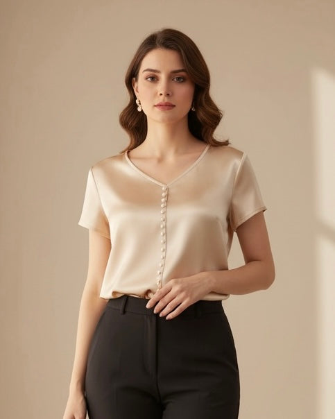 Women V-Neck Pearl Decor Satin Top – Elegant Short Sleeve Blouse
