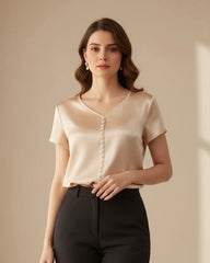 Women V-Neck Pearl Decor Satin Top – Elegant Short Sleeve Blouse