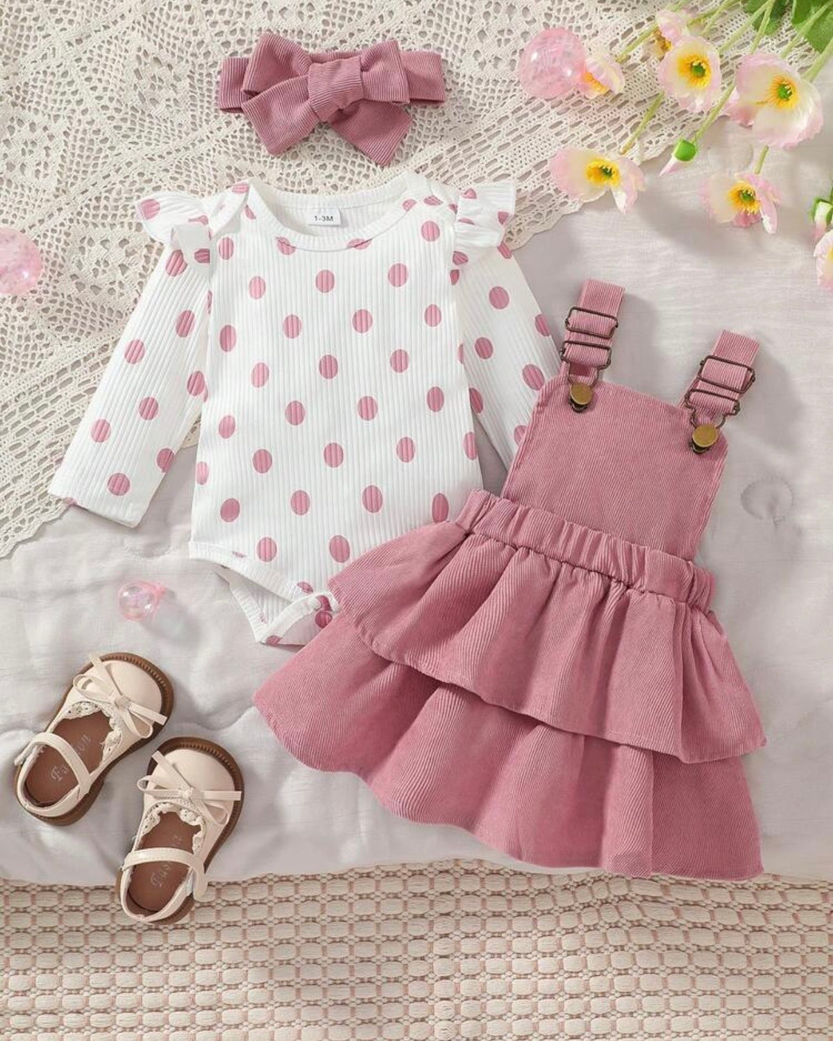 Baby Girl 3pcs Pink Polka Dot Print Bodysuit, 2-Layer Ruffle Skirt & Headband Set