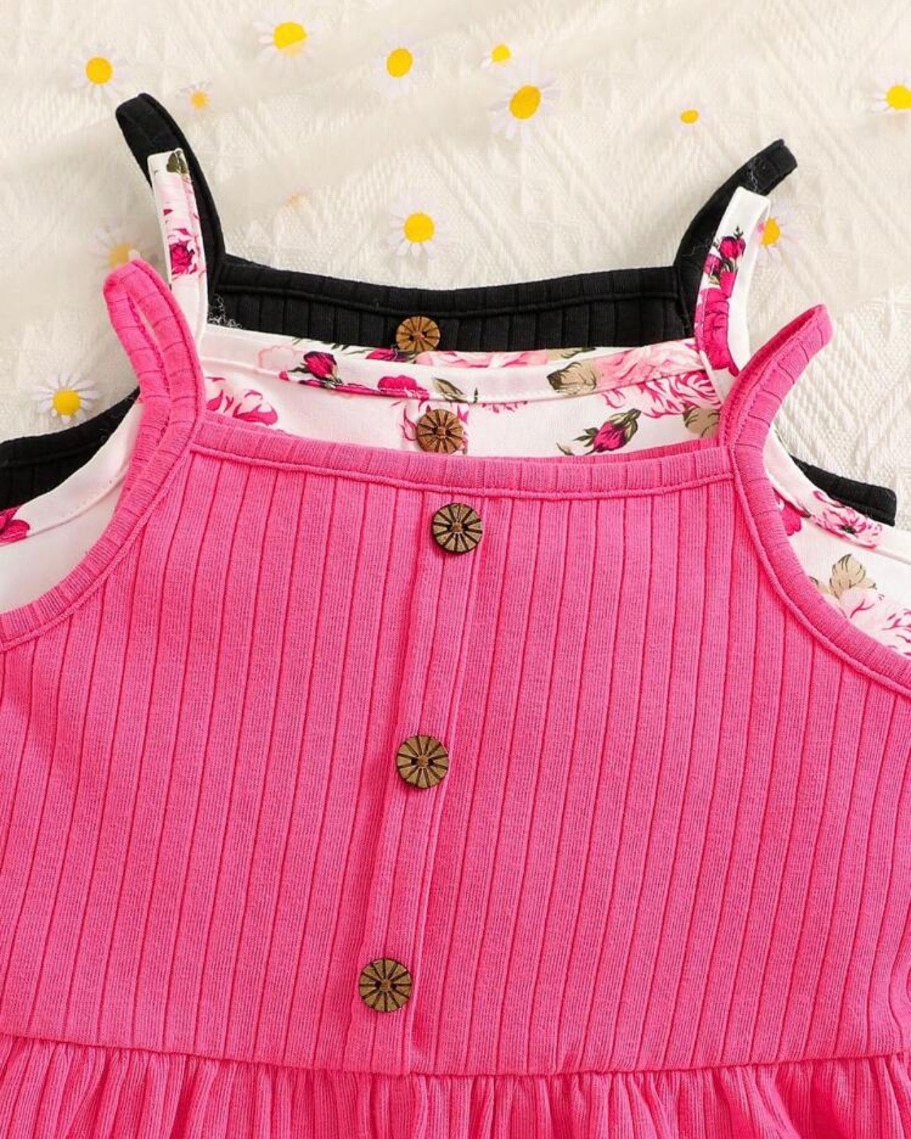 3PCS Girls Pink and Black Ruffle Trim Camisole Tops Set
