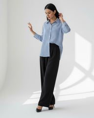 Plus Size Casual Striped Long Sleeve Blue Shirt & Black Long Pants 2pcs Set