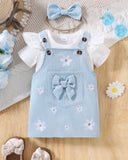 Baby Girls 3pc Set- Cap Sleeve Bodysuit + Blue Suspender Skirt + scrunchie
