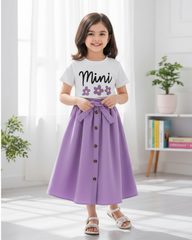 Girls Print Tee & Purple Belted Skirt Set