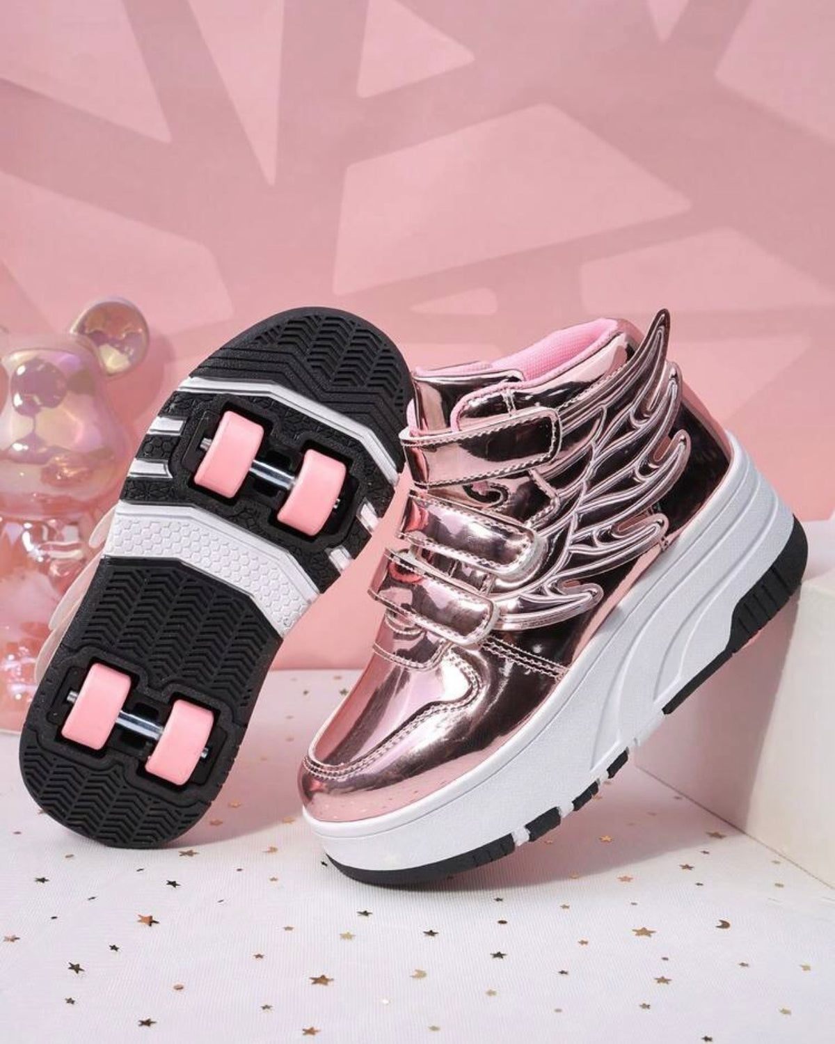Girls Premium Convertible Shiny Pink 4-Wheel Roller Skate Shoes