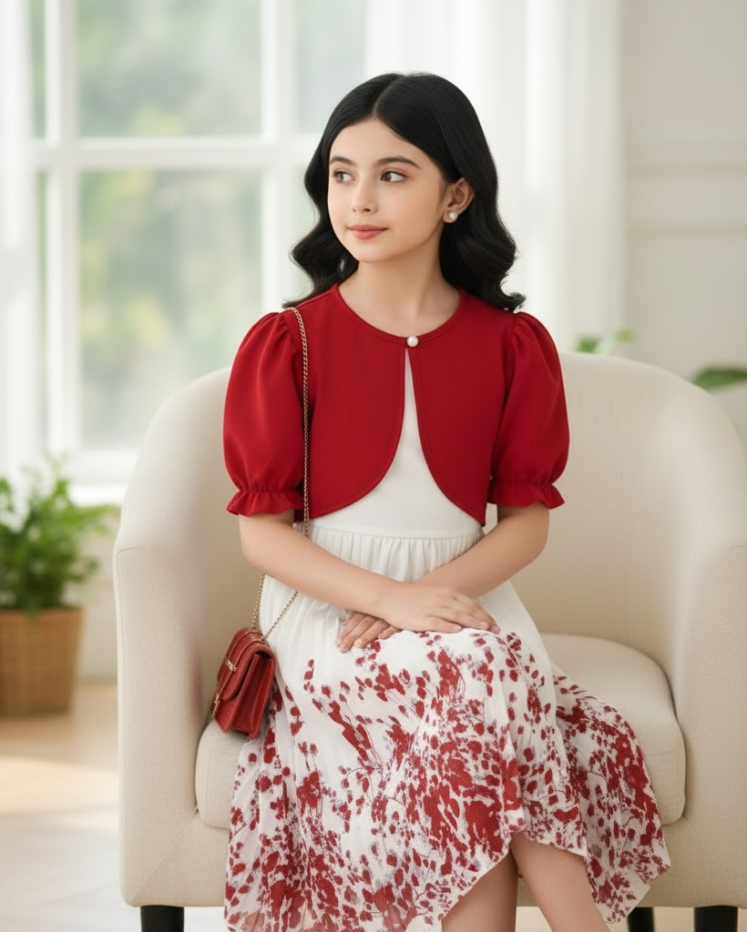Girls 2-Piece Red Floral Print Pleated Dress & Cardigan Set