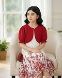 Girls 2-Piece Red Floral Print Pleated Dress & Cardigan Set