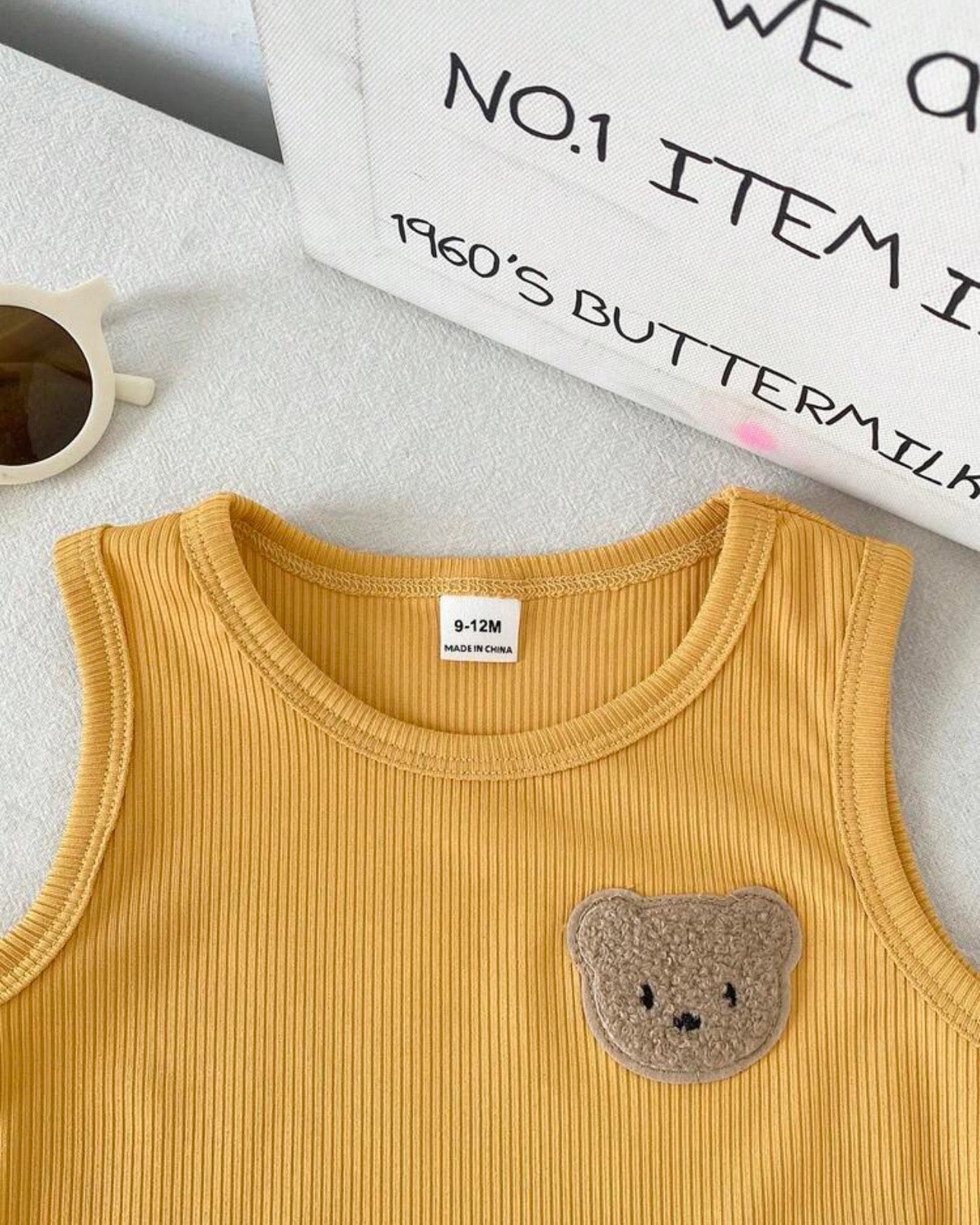 Baby Boy 3pc Yellow Bear Graphic Tank Top, Bear Print Shorts & Matching Hat