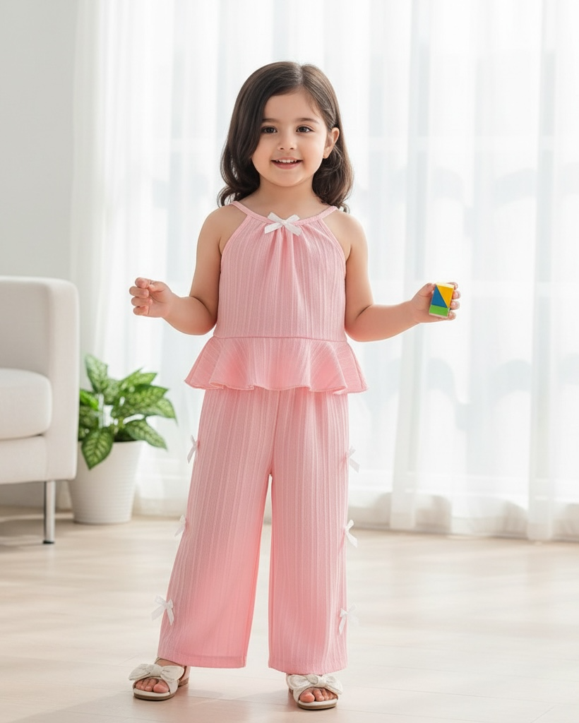 2pcs Baby Girls’ Pink colour Spaghetti Strap Camisole Top With 3D Bow Decor Straight Leg Pants Set