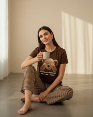 2pcs Women Summer Casual Bear Print Round Neck T-Shirt & Striped Pants Set