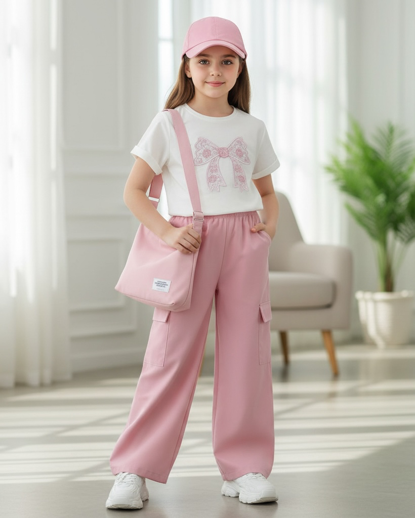 Tween Girls Pink Bow Embroidery T-Shirt with Cargo Pants Set