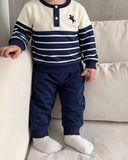 Boys Beige & Blue Striped 2-Piece Sweatshirt & Pants Set