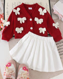 2pcs Baby Girl 3D Bow Red Cardigan & White Skirt Set