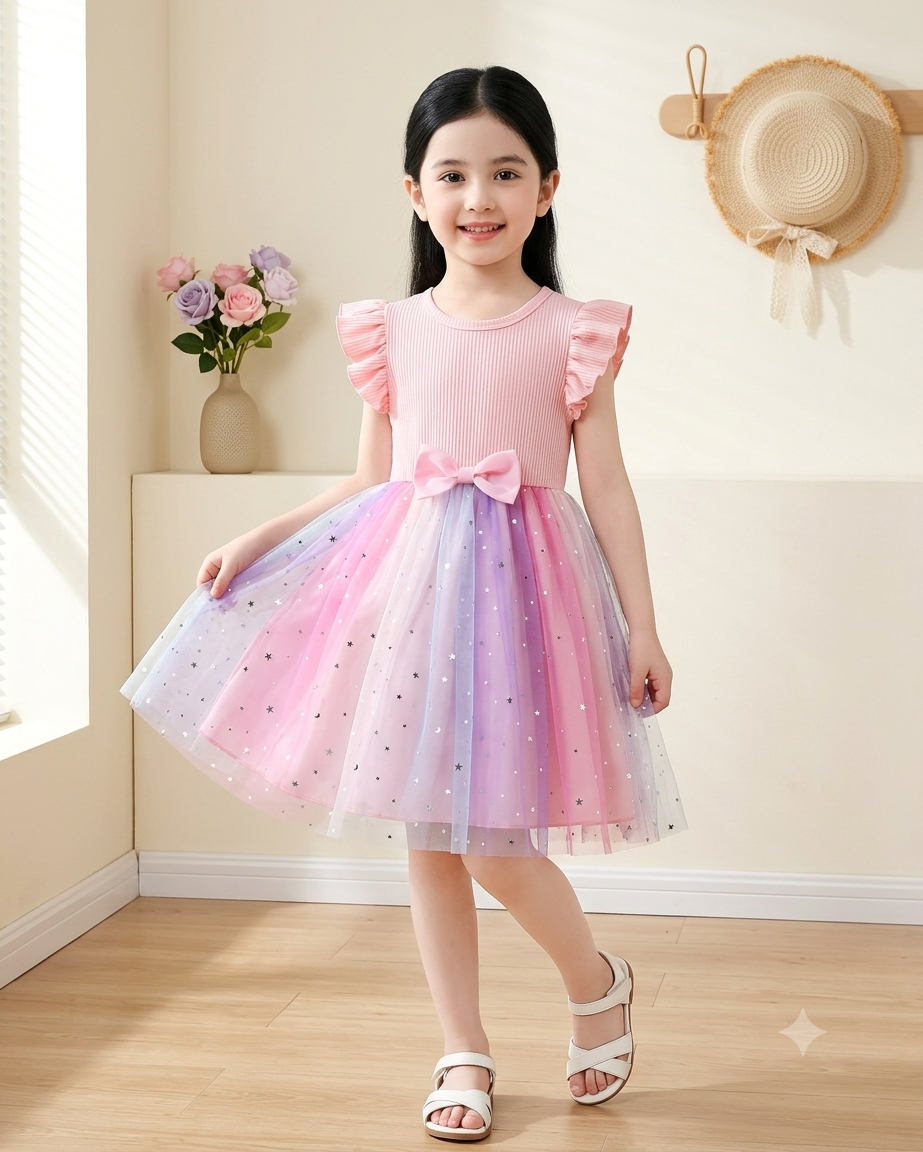 Girls Sleeveless Pink Starry Summer Dress