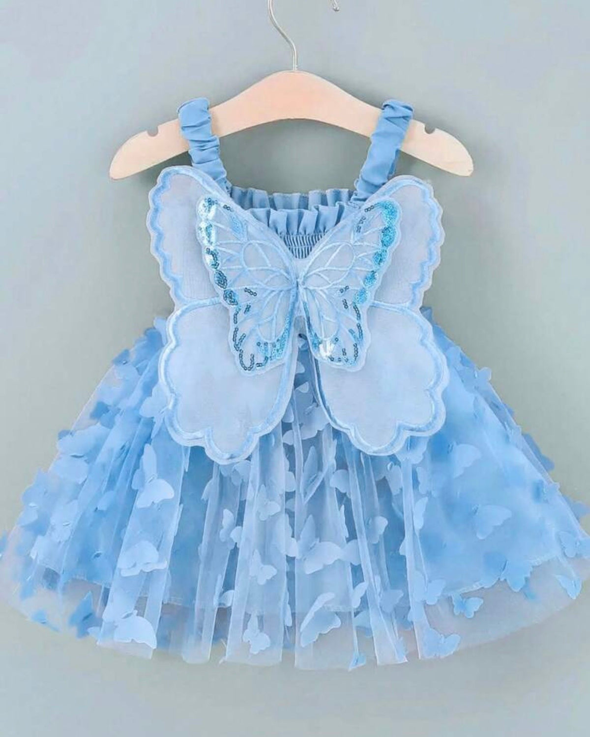 1pc Blue Princess Butterfly Embroidered Mesh Tulle Dress