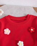 Girls Red 3D Floral Decor Round Neck Long Sleeve Sweatshirt And Pants Set