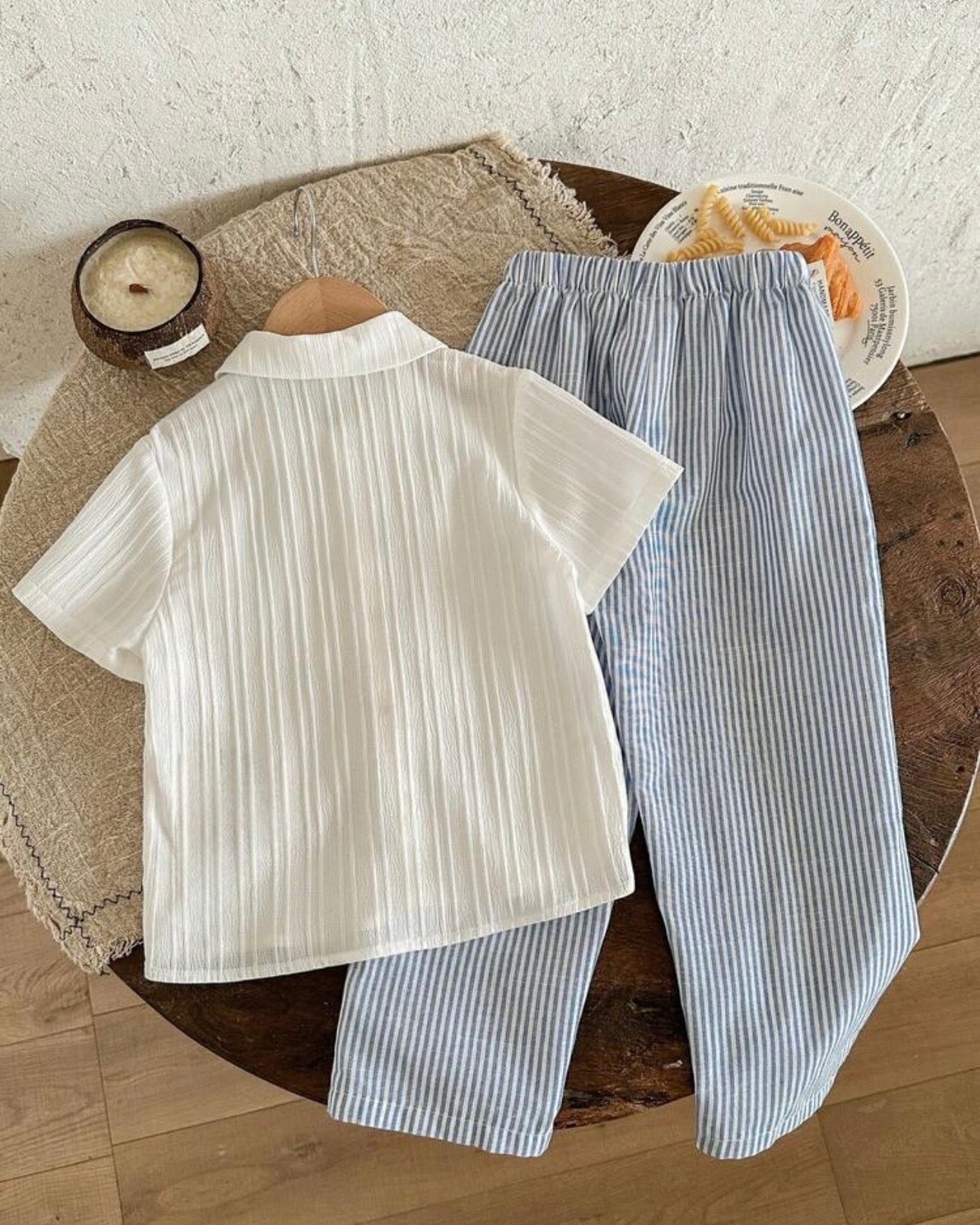 Kids 2pcs Young Boy Woven White Casual Shirt And Striped Casual Pants