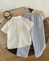 Kids 2pcs Young Boy Woven White Casual Shirt And Striped Casual Pants