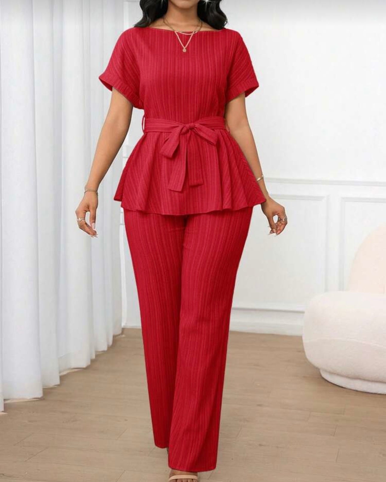 Women's 2 pcs Solid Color, Casual And Elegant Commuter Jacquard Fabric, Loose Waist A-Hem, Short-Sleeved Top And Loose Straight-Leg Pants