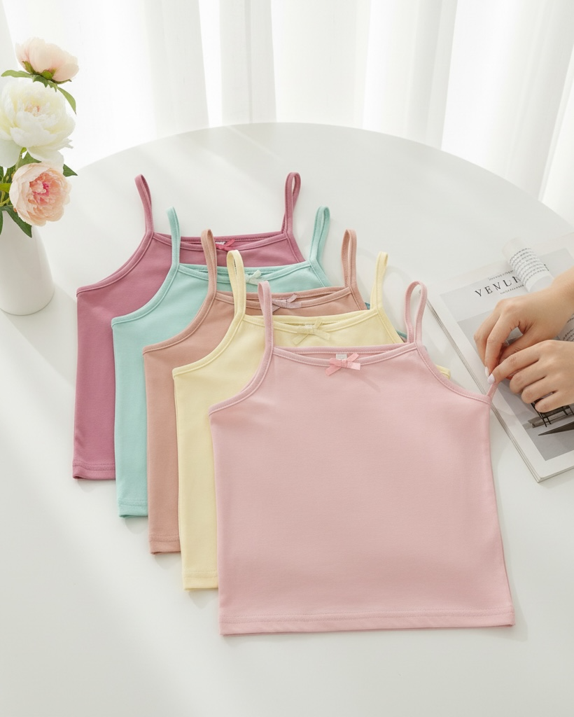 5PCS Girls White Spaghetti Strap Tank Tops – Soft Milk Silk Fabric