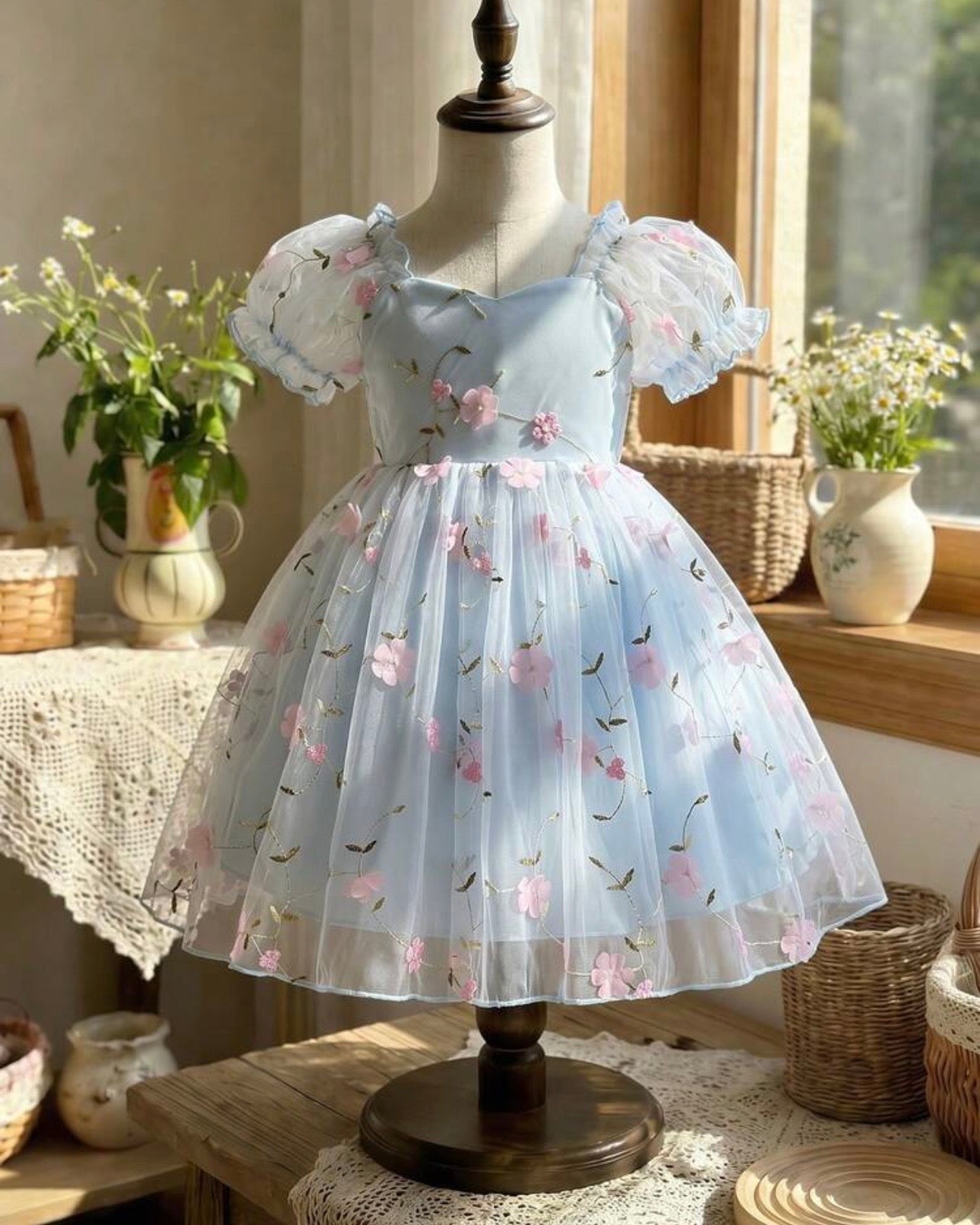 Sky Blue Puff Sleeve Formal Party Tulle Dress with Cinched Waist