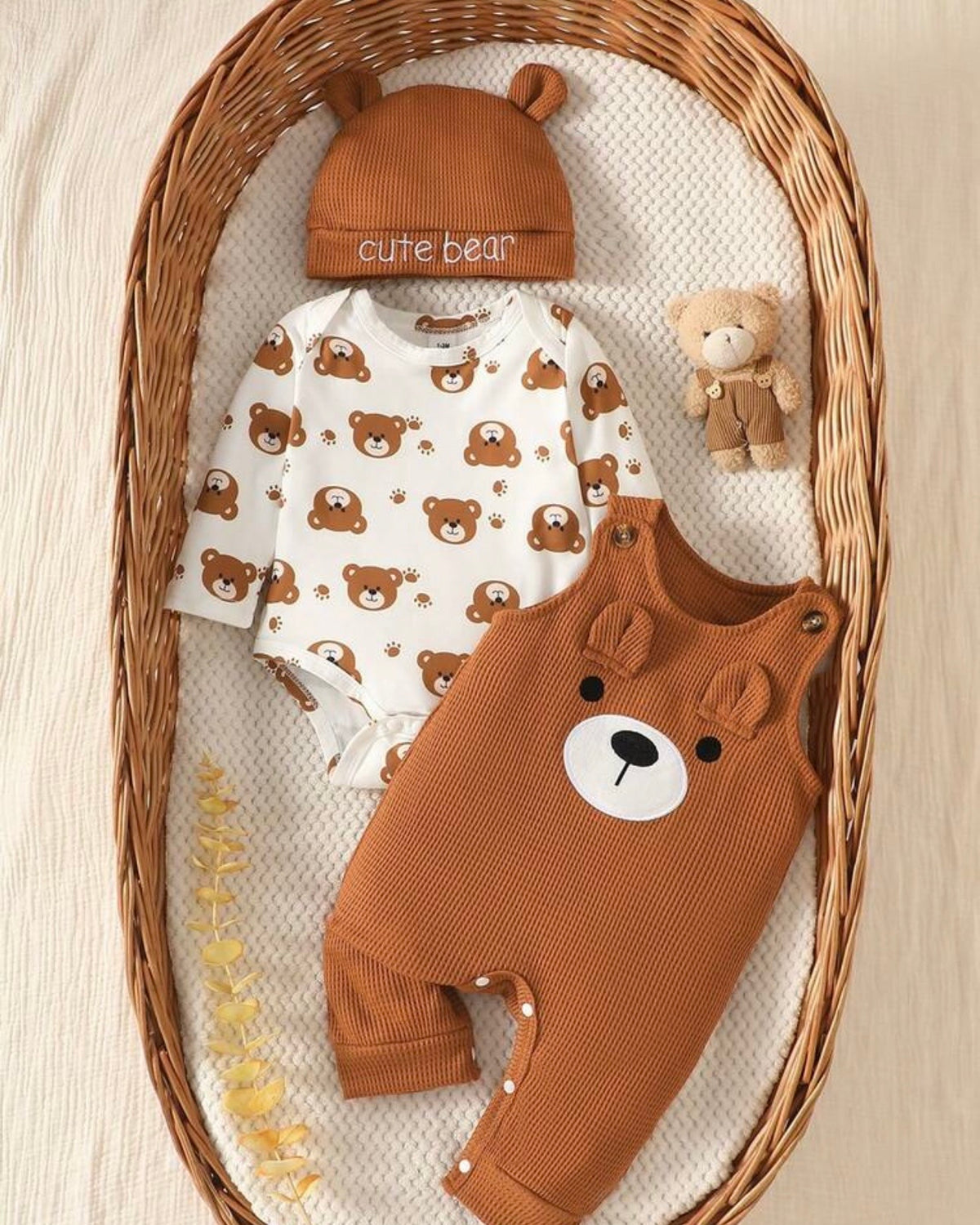 Newborn Baby Boy Brown Bear Jumpsuit Set with Letter Embroidered Romper & Hat