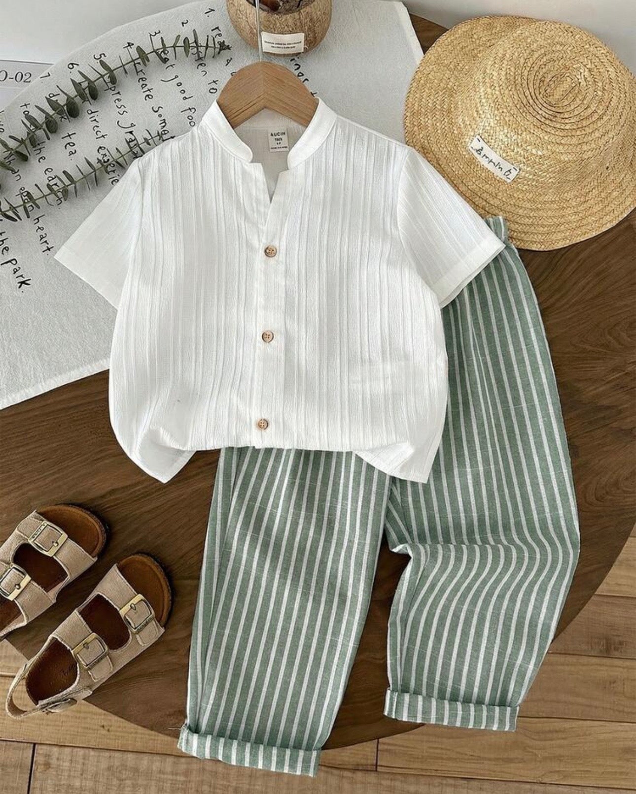 Young Boys 2-Piece Shirt & Green Striped Pants Set