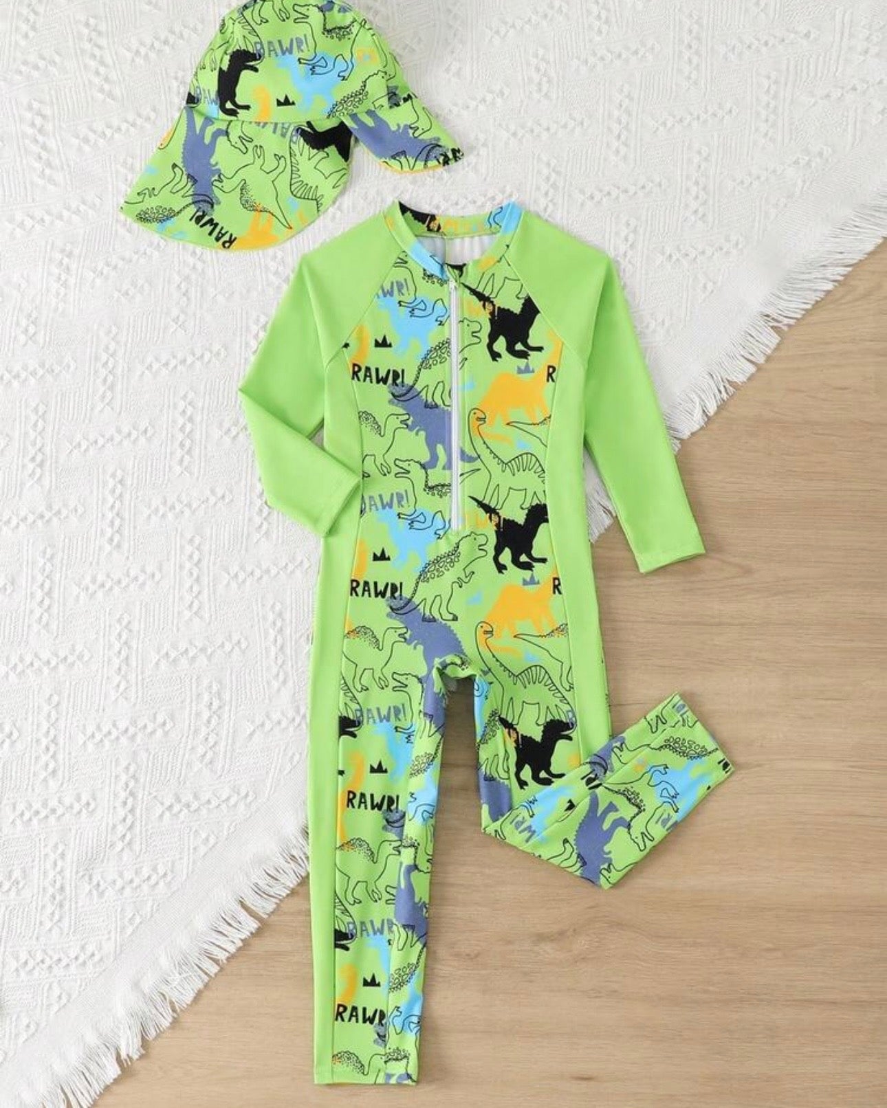 Boys Green Animals Print Long Sleeve One-Piece Swimsuit and Hat