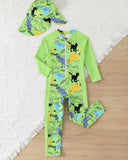 Boys Green Animals Print Long Sleeve One-Piece Swimsuit and Hat