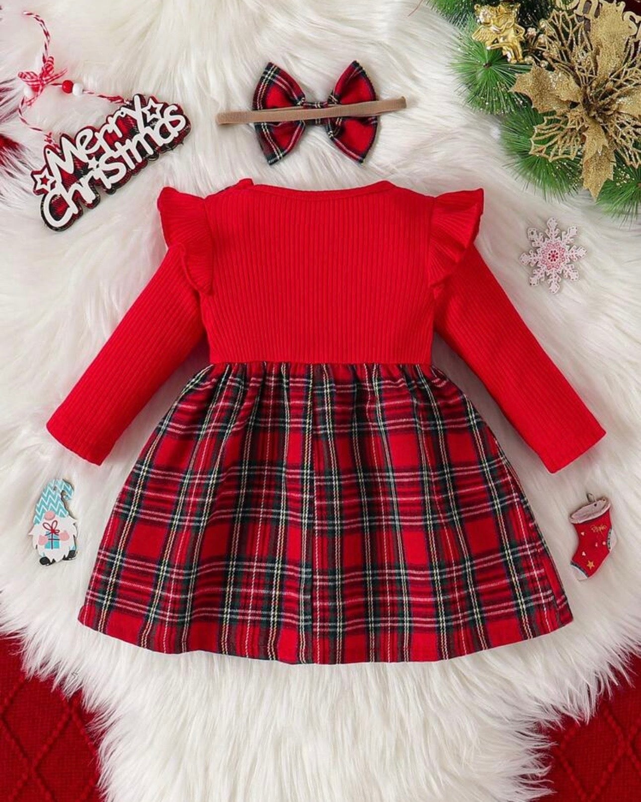 Baby Girls Christmas Ribbed Ruffle Bow Santa Claus + Bow Hair Scrunchie