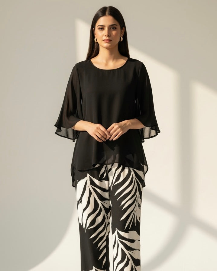 2pcs Chiffon Batwing Sleeve Set – Elegant & Flowy Outfit