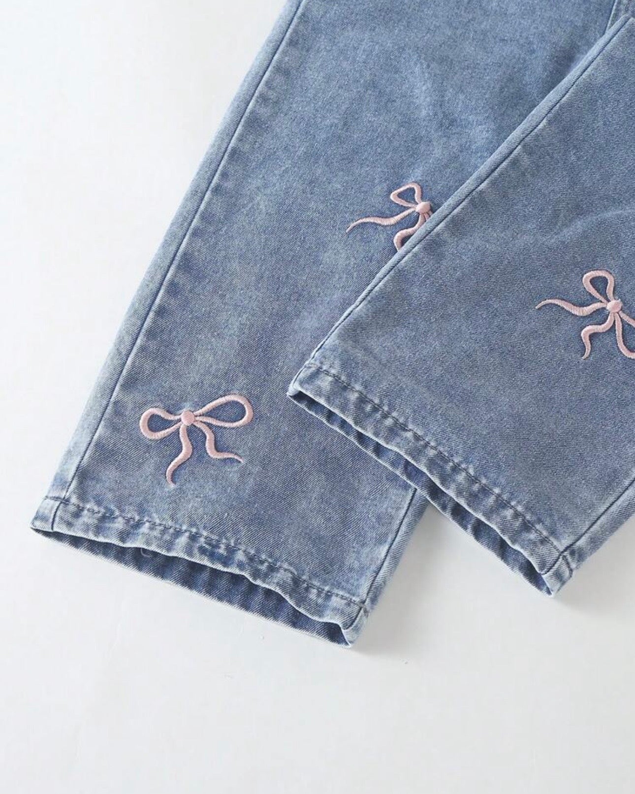 Girls Medium Blue Denim Bib Overalls with Pink Bow Embroidery & Large Bow