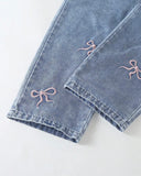 Girls Medium Blue Denim Bib Overalls with Pink Bow Embroidery & Large Bow