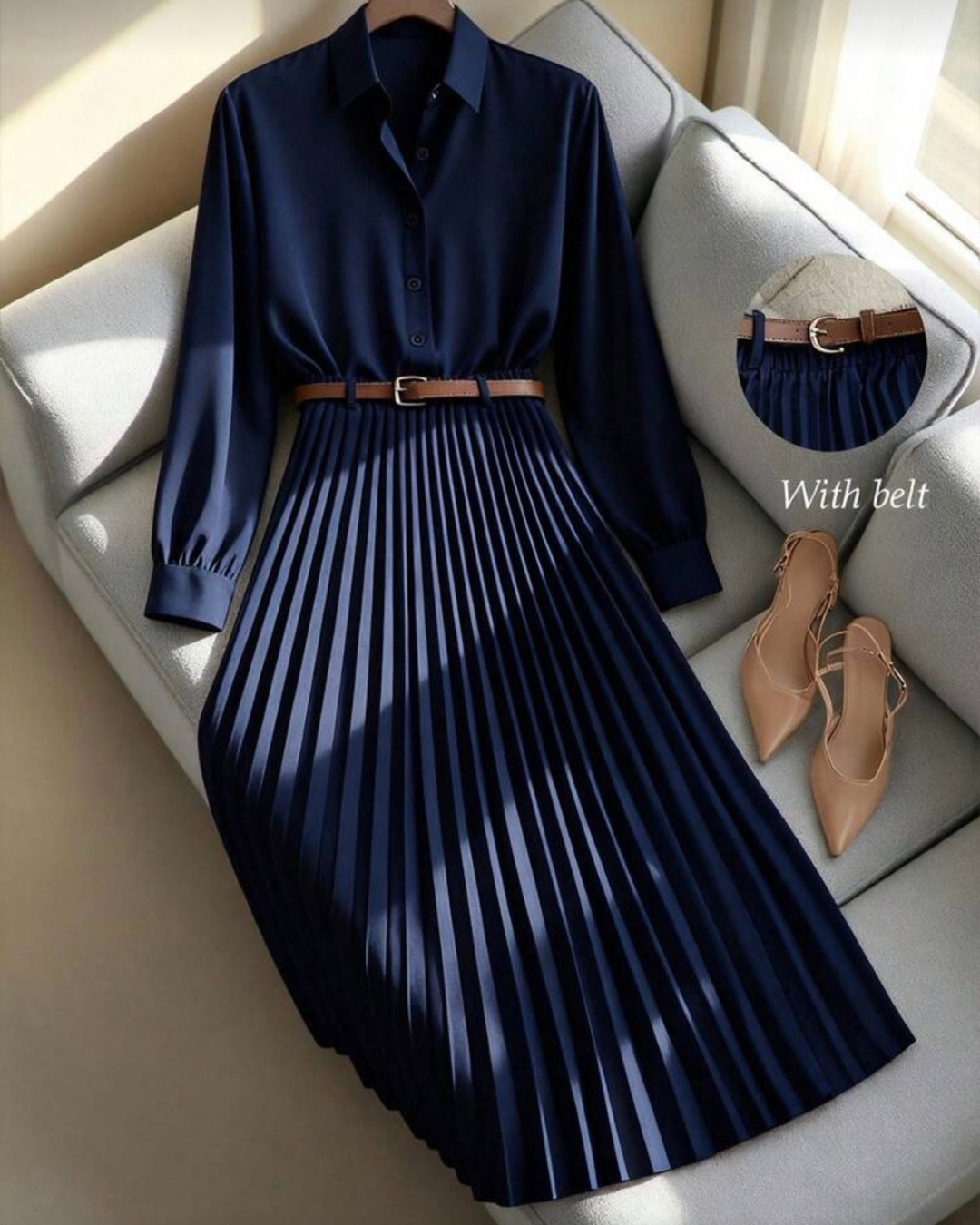 Solid Color Long Sleeve Shirt Paired With A-Line Skirt, Pleated Skirt Comes With Belt