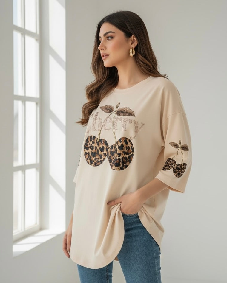 Plus Size Women Leopard Cherry Print Casual Loose Short Sleeve T-Shirt