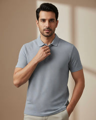 Men’s Grey Colour Half Sleeve Casual Textured Polo Shirt – Summer