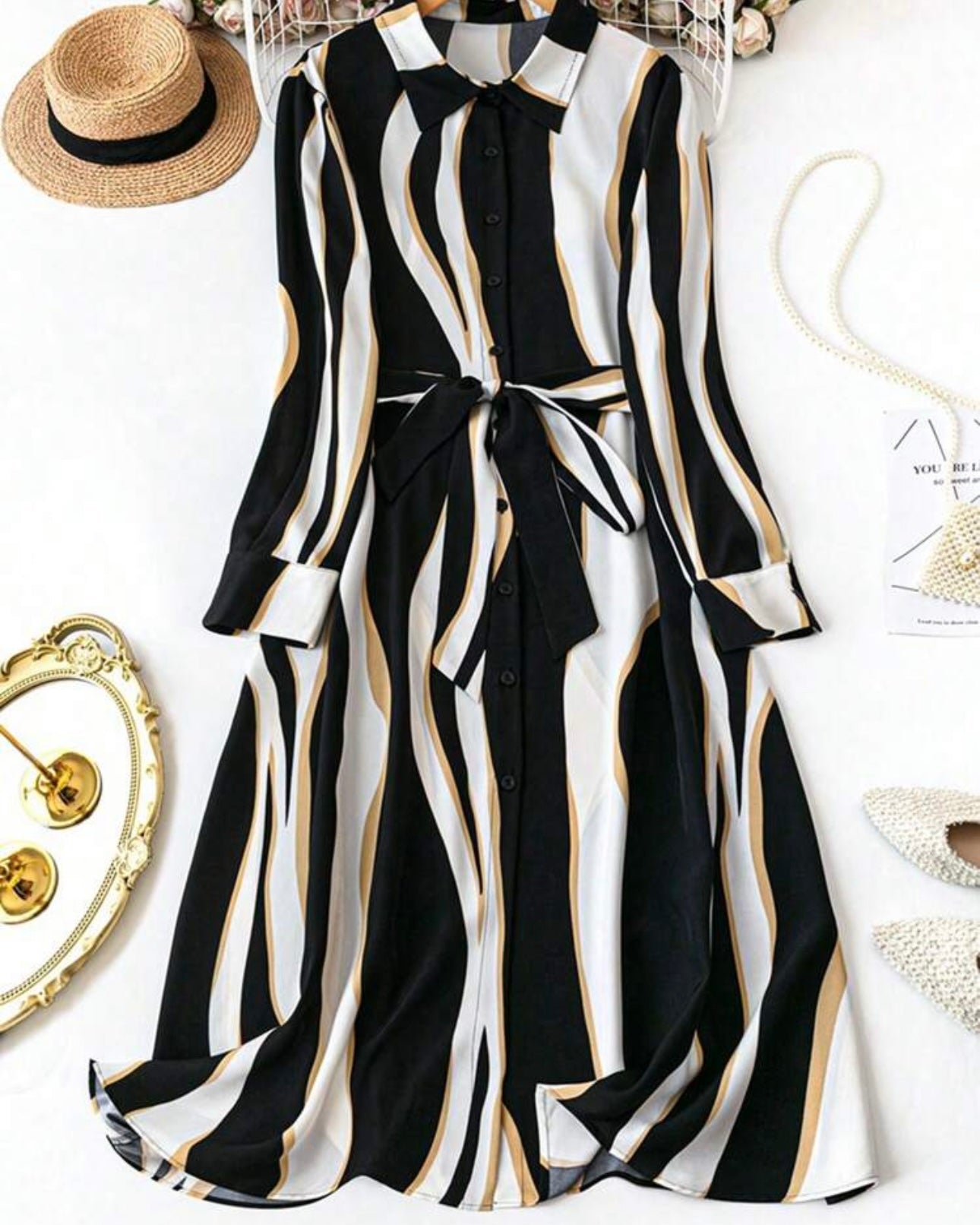 Women's Black Wave Striped Long Sleeve Casual Shirt Dress Maxi