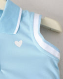 Girls Light Blue Heart Print Outfit Set – Sleeveless Polo Shirt & Pleated Skirt